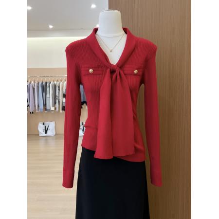 FA56583# 法式气质红色V领绑带针织打底衫女秋冬内搭绝美小上衣 服裝批發女裝批發服飾貨源