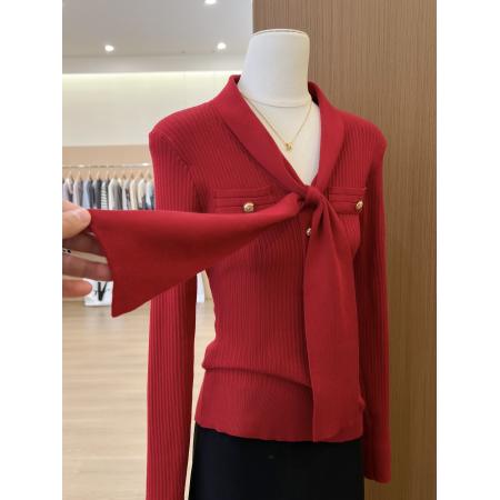 FA56583# 法式气质红色V领绑带针织打底衫女秋冬内搭绝美小上衣 服裝批發女裝批發服飾貨源