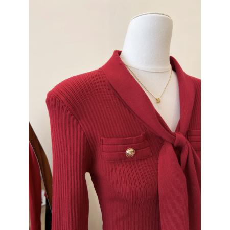 FA56583# 法式气质红色V领绑带针织打底衫女秋冬内搭绝美小上衣 服裝批發女裝批發服飾貨源