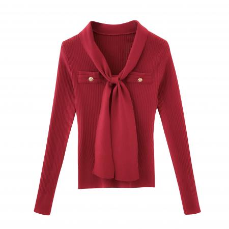 FA56583# 法式气质红色V领绑带针织打底衫女秋冬内搭绝美小上衣 服裝批發女裝批發服飾貨源