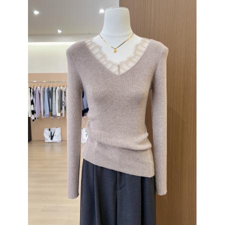 FA56584# 蕾丝拼接V领驼色针织打底衫女秋冬高级感内搭修身显瘦小上衣 服裝批發女裝批發服飾貨源