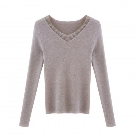 FA56584# 蕾丝拼接V领驼色针织打底衫女秋冬高级感内搭修身显瘦小上衣 服裝批發女裝批發服飾貨源