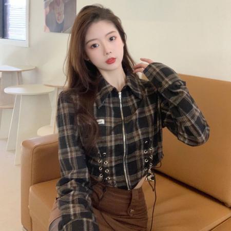 FA56585# 复古格子衬衫女设计感小众春装新款时尚炸街甜辣短款拉链上衣 服裝批發女裝批發服飾貨源