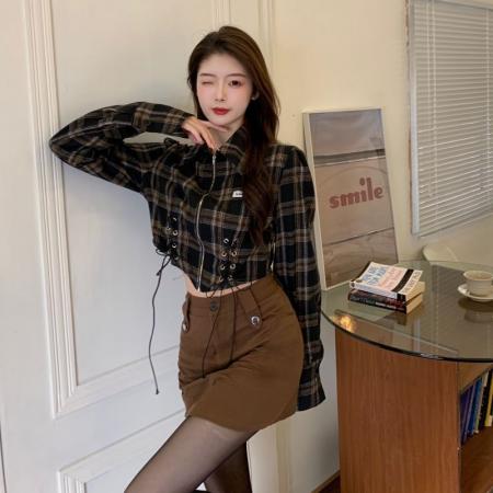 FA56585# 复古格子衬衫女设计感小众春装新款时尚炸街甜辣短款拉链上衣 服裝批發女裝批發服飾貨源