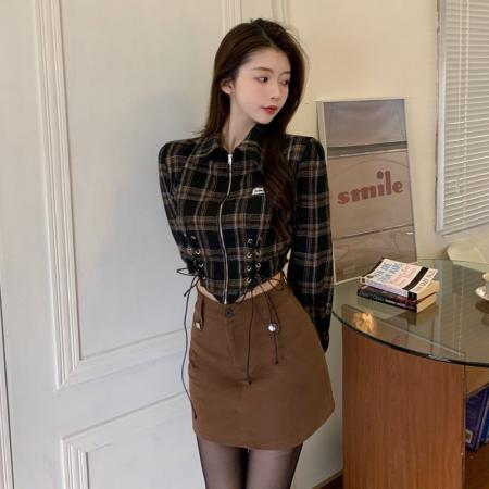 FA56585# 复古格子衬衫女设计感小众春装新款时尚炸街甜辣短款拉链上衣 服裝批發女裝批發服飾貨源