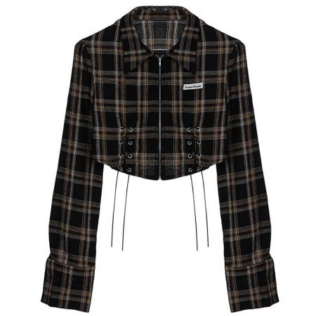 FA56585# 复古格子衬衫女设计感小众春装新款时尚炸街甜辣短款拉链上衣 服裝批發女裝批發服飾貨源