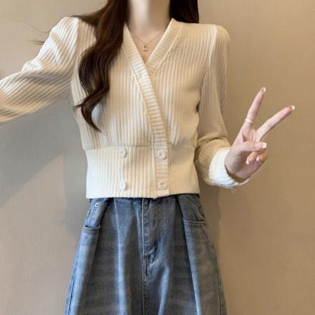 FA56586# 大码交叉v领打底衫春秋季胖mm显瘦收腰洋气内搭短款上衣 服裝批發女裝批發服飾貨源