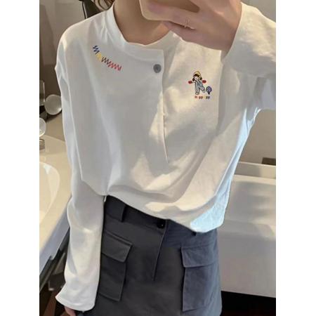 FA56588# 纯棉白色长袖t恤女春秋季新款一粒纽半开领显瘦上衣 服裝批發女裝批發服飾貨源