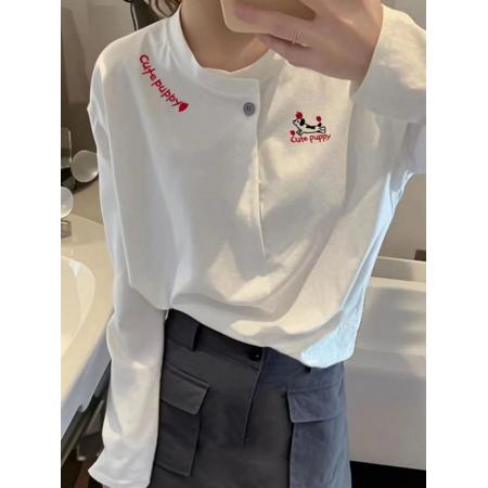 FA56588# 纯棉白色长袖t恤女春秋季新款一粒纽半开领显瘦上衣 服裝批發女裝批發服飾貨源