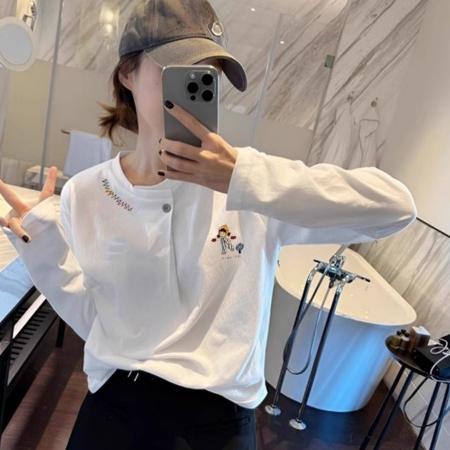 FA56588# 纯棉白色长袖t恤女春秋季新款一粒纽半开领显瘦上衣 服裝批發女裝批發服飾貨源