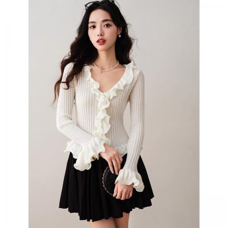 FA56589# 温柔风荷叶边修身针织衫初秋新款设计感收腰显瘦上衣 服裝批發女裝批發服飾貨源