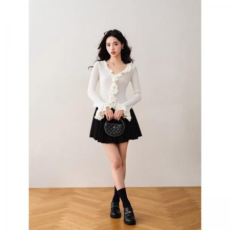 FA56589# 温柔风荷叶边修身针织衫初秋新款设计感收腰显瘦上衣 服裝批發女裝批發服飾貨源