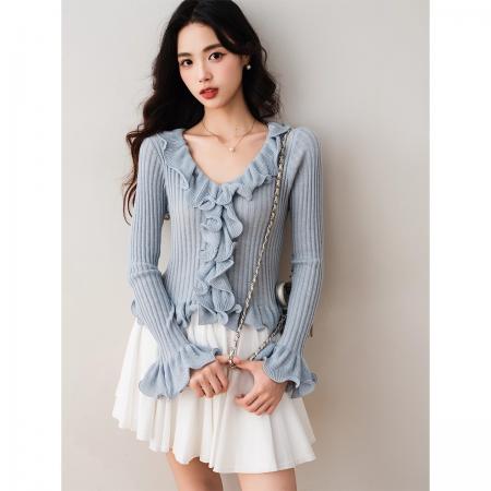 FA56589# 温柔风荷叶边修身针织衫初秋新款设计感收腰显瘦上衣 服裝批發女裝批發服飾貨源