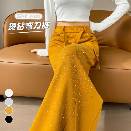FA56590# 春夏新款高腰弯刀裤烫钻满天星直筒阔腿裤闪钻拖地裤女 服裝批發女裝批發服飾貨源