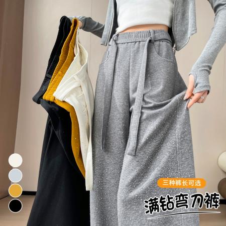 FA56590# 春夏新款高腰弯刀裤烫钻满天星直筒阔腿裤闪钻拖地裤女 服裝批發女裝批發服飾貨源