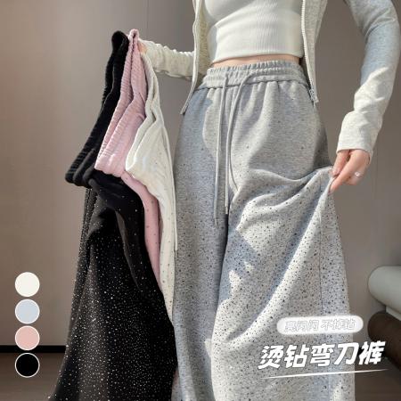 FA56591# 春夏新款高腰弯刀裤烫钻满天星直筒阔腿裤闪钻拖地裤女 服裝批發女裝批發服飾貨源