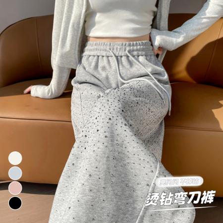 FA56591# 春夏新款高腰弯刀裤烫钻满天星直筒阔腿裤闪钻拖地裤女 服裝批發女裝批發服飾貨源