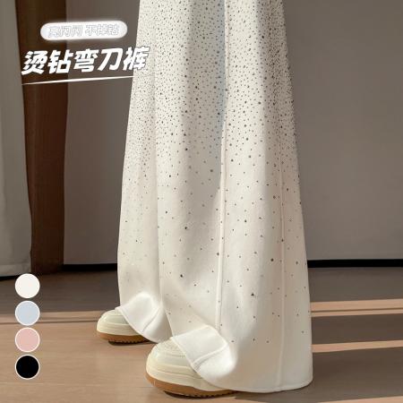 FA56591# 春夏新款高腰弯刀裤烫钻满天星直筒阔腿裤闪钻拖地裤女 服裝批發女裝批發服飾貨源