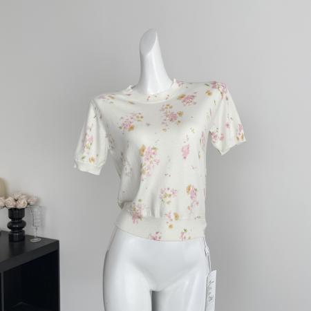 FA56594# 周美美温柔效应粉色碎花羊毛圆领短袖针织开衫两件套 服裝批發女裝批發服飾貨源