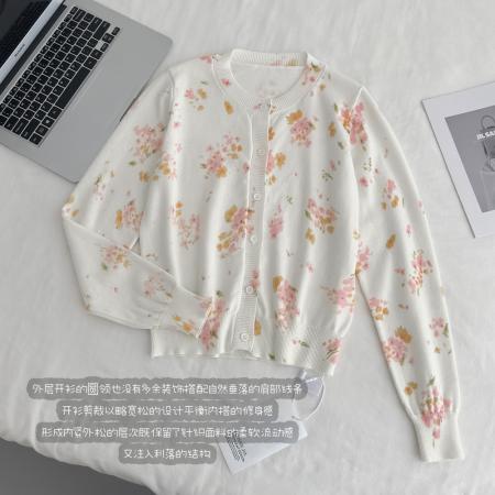 FA56594# 周美美温柔效应粉色碎花羊毛圆领短袖针织开衫两件套 服裝批發女裝批發服飾貨源