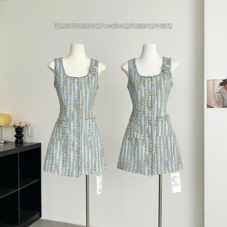 FA56595# 春季新款蓝色粗花呢连衣裙女时尚小香风短款裙子短裙 服裝批發女裝批發服飾貨源