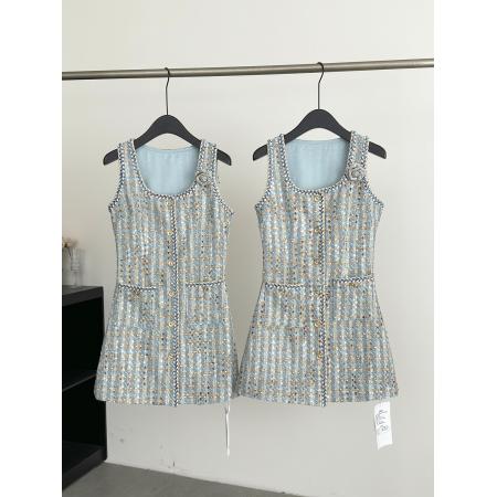 FA56595# 春季新款蓝色粗花呢连衣裙女时尚小香风短款裙子短裙 服裝批發女裝批發服飾貨源