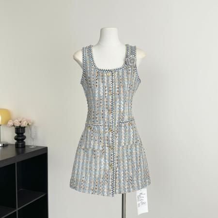 FA56595# 春季新款蓝色粗花呢连衣裙女时尚小香风短款裙子短裙 服裝批發女裝批發服飾貨源