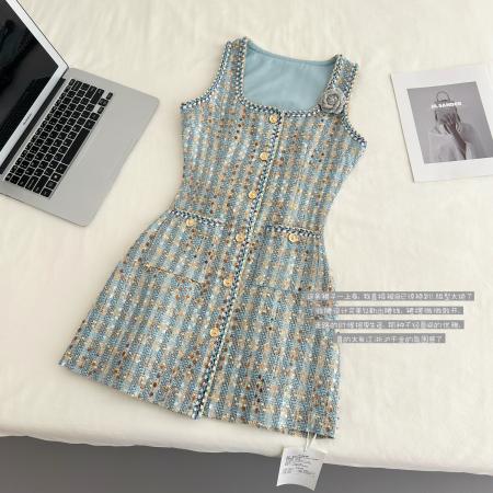 FA56595# 春季新款蓝色粗花呢连衣裙女时尚小香风短款裙子短裙 服裝批發女裝批發服飾貨源