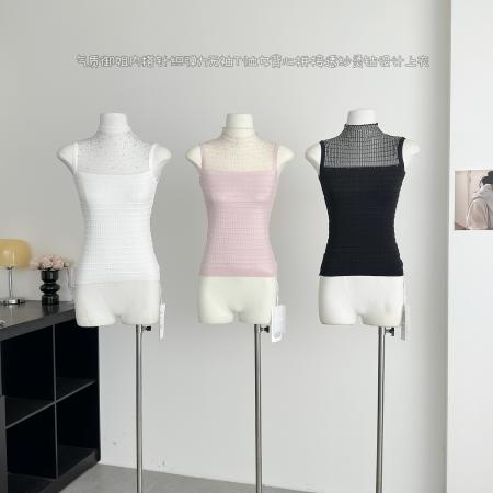 FA56596# 气质御姐内搭针织弹力无袖T恤女背心拼接透纱烫钻设计上衣 服裝批發女裝批發服飾貨源