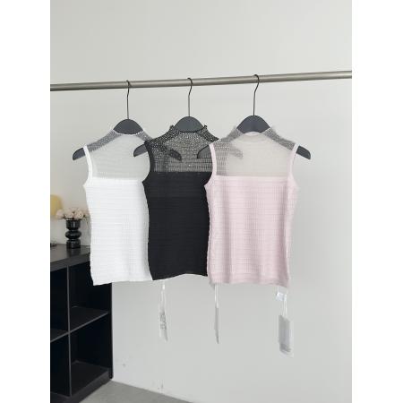 FA56596# 气质御姐内搭针织弹力无袖T恤女背心拼接透纱烫钻设计上衣 服裝批發女裝批發服飾貨源