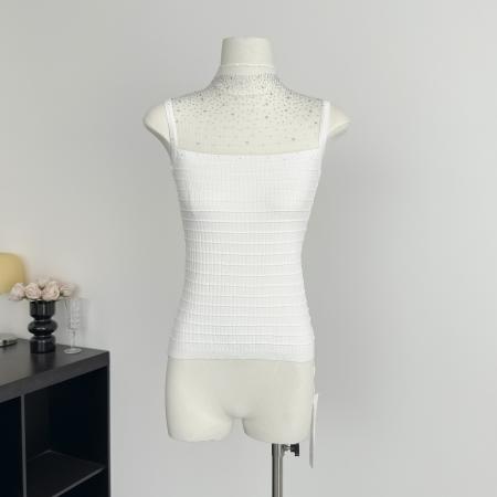 FA56596# 气质御姐内搭针织弹力无袖T恤女背心拼接透纱烫钻设计上衣 服裝批發女裝批發服飾貨源