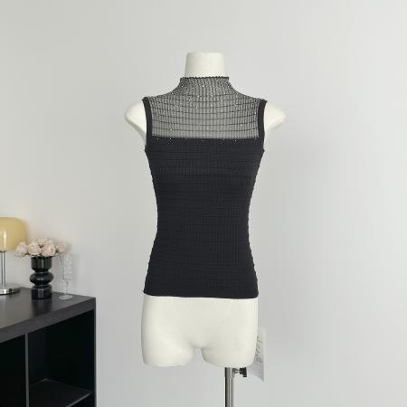 FA56596# 气质御姐内搭针织弹力无袖T恤女背心拼接透纱烫钻设计上衣 服裝批發女裝批發服飾貨源