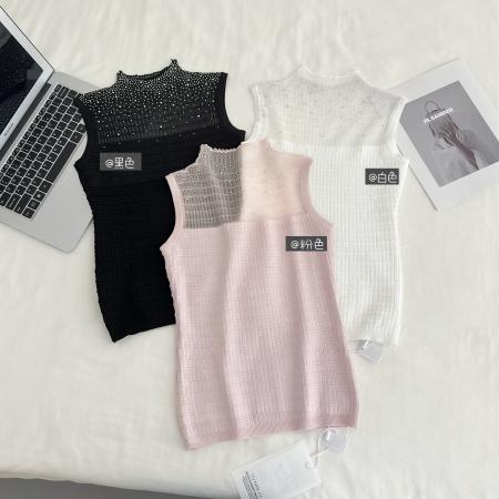 FA56596# 气质御姐内搭针织弹力无袖T恤女背心拼接透纱烫钻设计上衣 服裝批發女裝批發服飾貨源