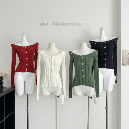 FA56597# 甜辣一字肩麻花软糯毛衣女冬季新款收腰显瘦开衫上衣 服裝批發女裝批發服飾貨源