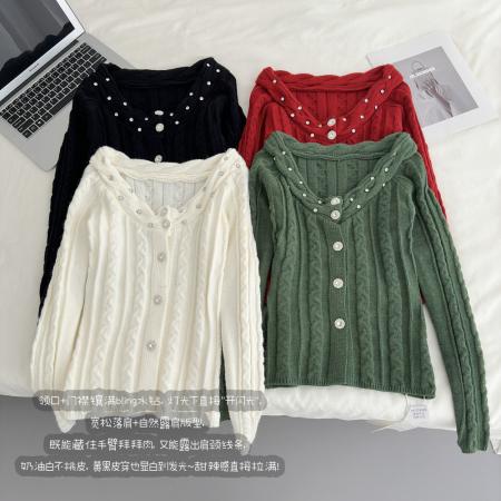 FA56597# 甜辣一字肩麻花软糯毛衣女冬季新款收腰显瘦开衫上衣 服裝批發女裝批發服飾貨源