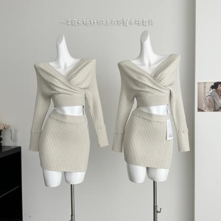 FA56599# 甜美奈子韩感v领一字肩长袖针织上衣包臀半裙套装 服裝批發女裝批發服飾貨源