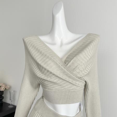 FA56599# 甜美奈子韩感v领一字肩长袖针织上衣包臀半裙套装 服裝批發女裝批發服飾貨源