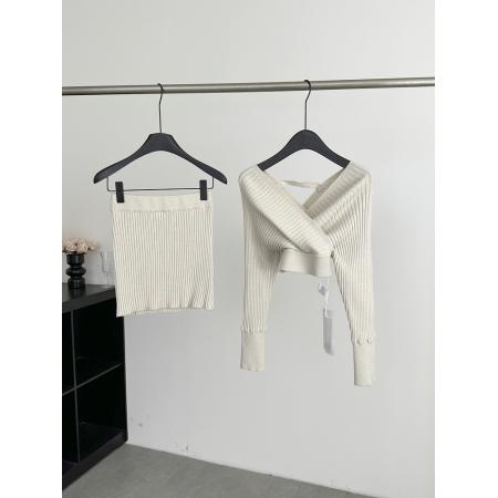 FA56599# 甜美奈子韩感v领一字肩长袖针织上衣包臀半裙套装 服裝批發女裝批發服飾貨源