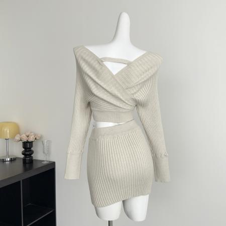 FA56599# 甜美奈子韩感v领一字肩长袖针织上衣包臀半裙套装 服裝批發女裝批發服飾貨源