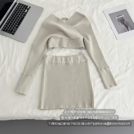 FA56599# 甜美奈子韩感v领一字肩长袖针织上衣包臀半裙套装 服裝批發女裝批發服飾貨源