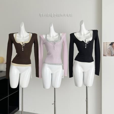 FA56600# ´层次感美学´满级显瘦舒适48支超细羊毛亨利领撞色两件套毛衫 服裝批發女裝批發服飾貨源