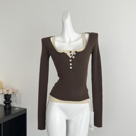 FA56600# ´层次感美学´满级显瘦舒适48支超细羊毛亨利领撞色两件套毛衫 服裝批發女裝批發服飾貨源