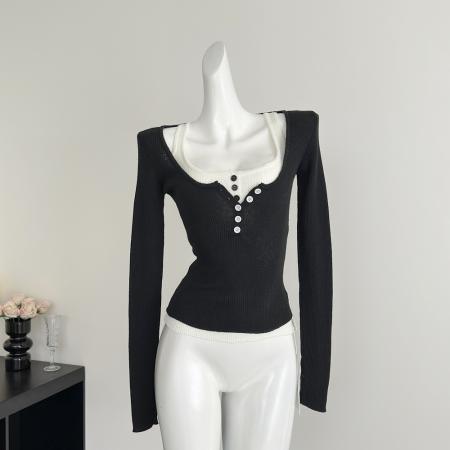 FA56600# ´层次感美学´满级显瘦舒适48支超细羊毛亨利领撞色两件套毛衫 服裝批發女裝批發服飾貨源