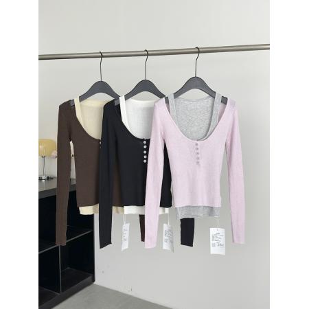 FA56600# ´层次感美学´满级显瘦舒适48支超细羊毛亨利领撞色两件套毛衫 服裝批發女裝批發服飾貨源