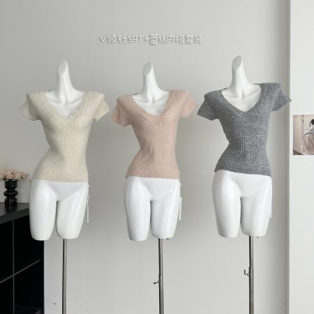 FA56601# 你的懒懒LLan私心柔光丝绸缎面V领针织T+蕾丝女 服裝批發女裝批發服飾貨源
