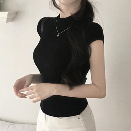 FA56602# 韩国东大门时尚简约韩系纯色修身性感半高领百搭短袖针织衫上衣女 服裝批發女裝批發服飾貨源