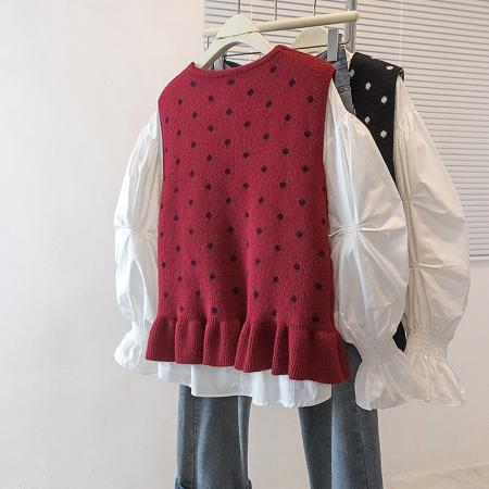 FA56605# 大码女装新款韩版高级感潮流波点设计感显瘦修身衬衫针织马甲 服裝批發女裝批發服飾貨源