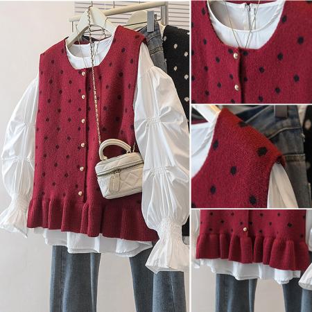 FA56605# 大码女装新款韩版高级感潮流波点设计感显瘦修身衬衫针织马甲 服裝批發女裝批發服飾貨源