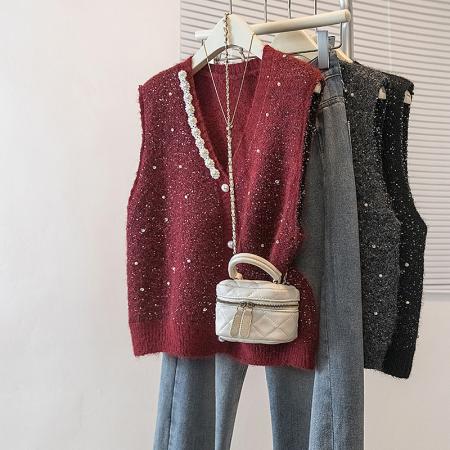 FA56606# 大码女装冬季新款韩版高级感潮流亮片显瘦修身微透马甲上衣 服裝批發女裝批發服飾貨源