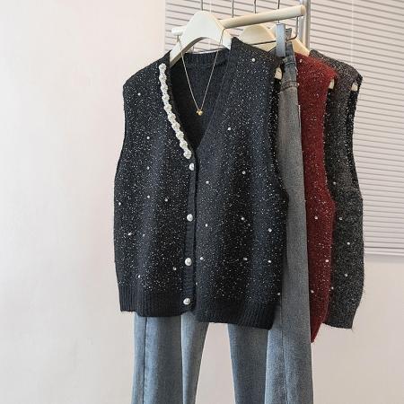 FA56606# 大码女装冬季新款韩版高级感潮流亮片显瘦修身微透马甲上衣 服裝批發女裝批發服飾貨源